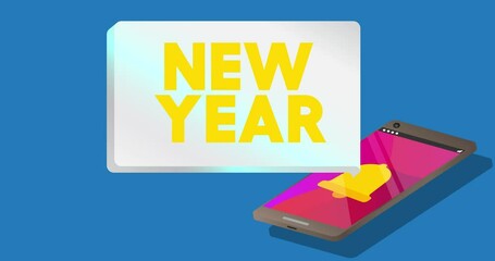 Poster - Happy New Year Text on notification bubble from portable information device screen. Mobile app message, connection, communication concept. Animated video.