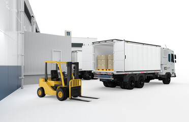 Wall Mural - Logistic trailer truck or lorry fully loading cardboard boxes