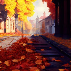 Poster - Street in an old city with fallen yellow leaves, autumn . Selective focus. High quality photo