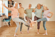 Friends, Fitness And Dance With A Senior Woman Group Having Fun Together In An Exercise Class. Gym, Wellness And Health With A Mature Female Team Training In A Studio For An Aerobic Workout