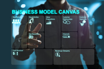 business man pointing their hand to the table of business model canvas is a pre-business planning an