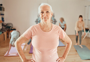 Portrait, elderly woman and yoga class with coach for wellness, exercise and health, workout and relax in a studio. Proud, yoga coach and senior lady leader with group for meditation, training and ze