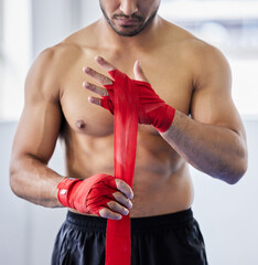 Boxer, hand wrap and sports man close up ready for boxing competition, fighter match or martial arts inspiration. Training workout, mma warrior and athlete wellness motivation for fight challange