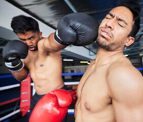 Poster - Fitness, exercise and boxing match, punch or knock out in ring. Healthcare, sports or boxers, athletes or fighters fighting in competition, training or workout for wellness in gym or fitness center.