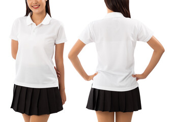 Poster - Young woman in white polo shirt mockup isolated on white background with clipping path.