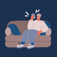 Wall Mural - Cartoon vector illustration of Man sitting on sofa and playing smartphone.