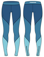 Women Sports running tights leggings Pants design flat sketch vector illustration, Compression pants concept with front and back view, Tights for jogging, fitness, and active wear pants design.