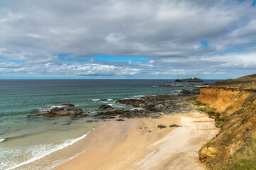 Poster - view of St. Ives Bay and small beach near Gwithian with the Godrevy Lighthouse in the background