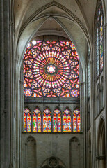 Poster - colorful stained glass window inside the historic Troyes Cathedral