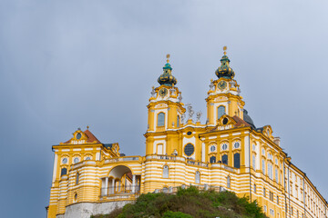 Sticker - the historic Melk Abbey and church spires on the rocky promontory above the Danube River