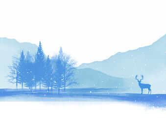 Wall Mural - Watercolour hand painted winter landscape with trees and deer