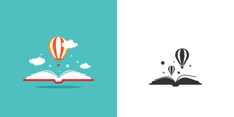 Open book with air balloon and clouds isolated on blue background. Vector flat illustration.