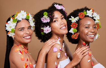 Canvas Print - Beauty, skincare and flowers with black women and cosmetic portrait with floral creative design against studio background. Flower aesthetic, wellness and natural cosmetics with nature and self care.