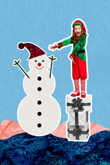 Sticker - Creative photo 3d collage artwork poster postcard of overjoyed fairy personage presenting made snowman isolated on painting background