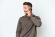 © luismolinero - Young blonde caucasian man isolated on white background keeping a conversation with the mobile phone with someone