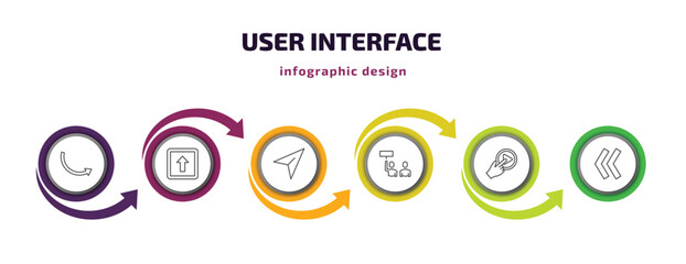 Poster - user interface infographic template with icons and 6 step or option. user interface icons such as round right arrow, key up, navigation arrow, industrial action, press play button, two left arrows