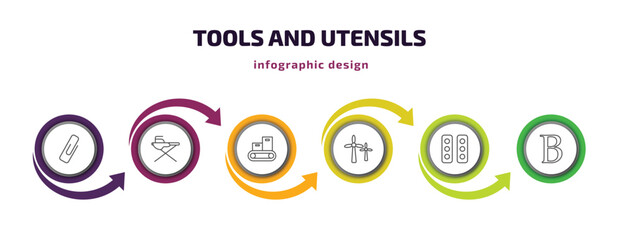 Poster - tools and utensils infographic template with icons and 6 step or option. tools and utensils icons such as attached, iron table, packing hine, windmills, semaphore lights, bold vector. can be used