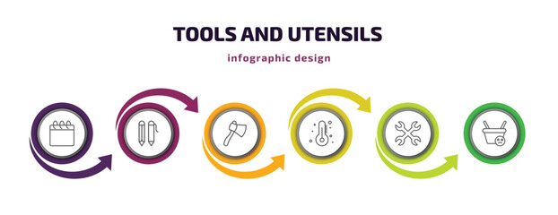Poster - tools and utensils infographic template with icons and 6 step or option. tools and utensils icons such as calendar page, writing tool, hand axe, thermometers, cross wrench, empty shopping basket