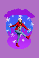 Wall Mural - Artwork magazine picture of funny funky smiling x-mas santa assistant dancing having fun isolated drawing background