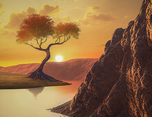 Sunset Over A River Gorge With A Single Lone Tree
