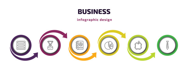Poster - business infographic template with icons and 6 step or option. business icons such as basic burger, lanyard, address book, pie graphic, post it, black tie vector. can be used for banner, info graph,
