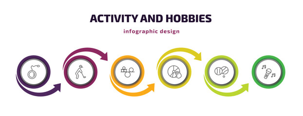 Poster - activity and hobbies infographic template with icons and 6 step or option. activity and hobbies icons such as yoyo, golf playing, balancing, disc jockey, petanque, sing vector. can be used for