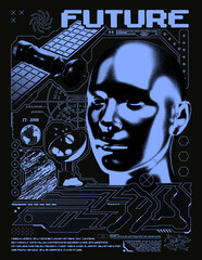 Wall Mural - retro futuristic poster with cyborg head, space satellites and planet earth. print in the style of t