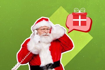 Poster - Creative collage photo illustration of funny serious santa hold landline phone talk about gift isolated on green color background