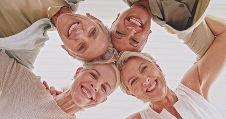 Wall Mural - Happy, women and senior friends in a huddle for support, trust and friendship goals in a circle with a low angle. Smile, happiness and elderly people enjoy quality time together and bonding together