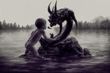 A Monster Demon In A Cursed Lake Talking And Holding A Child Or A Mutated Baby, The Devil Himself