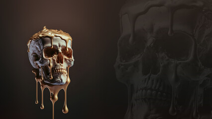 Wall Mural - melting human skull with colorful ice cream on the top, space for text, dark background, generative ai