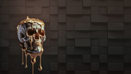 Wall Mural - melting human skull with colorful ice cream on the top, space for text, dark background, generative ai