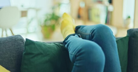 Poster - Music, dance and black woman moving feet on sofa to sound of audio on headphones in living room of a house. Freedom, happy and girl with smile while streaming radio, dancing and excited on the couch