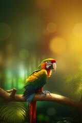 Wall Mural - exotic parrot on a branch, colorful macaw, ara in the jungle, tropical bird in rainbow colors, rainforest background with space for text, generative ai