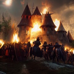 Medieval Soldiers hunting witch. Fantasy scenary. Witch hunter. Historical