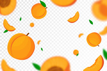 Falling Juicy Ripe Peach Fruit, Isolated On Transparent Background. Flying Whole And Slices Of Peach With Blur Effect. Can Be Used For Wallpaper, Banner, Poster, Print. Vector Flat Design