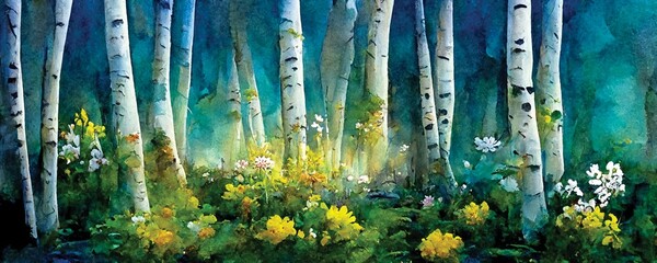 Wall Mural - birches grove and wildflower meadow, digital horizontal illustration