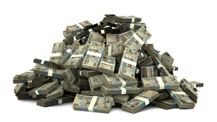 Wall Mural - Big pile of Guatemalan quetzal notes a lot of money over white background. 3d rendering of bundles of cash