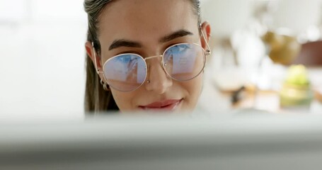 Poster - Computer, office and happy woman planning a project with online research on the internet. Technology, happiness and professional marketing employee working on strategy report with pc in the workplace