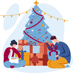 Young couple man and woman celebration Christmas, opening and present gift boxes Happy New Year holiday, merry christmas. Family holiday people vector illustration