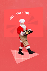 Sticker - Creative photo 3d collage postcard poster picture brochure of santa clause going carrying baking magic time isolated on painting background