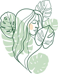 Wall Mural - portrait of a beautiful young woman with monstera leafes