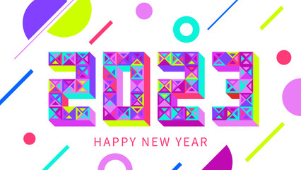 Sticker - Happy New Year banner. 2023 isometric numbers. Colorful geometric pattern. Abstract vector background