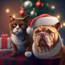 Cat And Dog In Front Of Christmas Tree