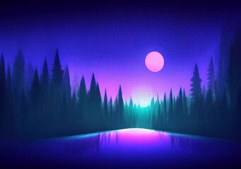 Digital painting with pastel drawing imitation beautiful forest night landscape. Trendy wall art print template, stylish design backdrop background. Naive art, whimsical art style