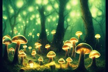 Spectacular Fantasy Forest With Green Light As The Scenery, Glowing Mushrooms Provide Light At Night. A Forest Landscape Straight Of A Fairy Tale With Tall And Old Trees. 3D Illustration