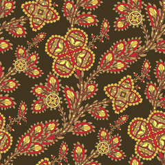  Mehndi leaves and flowers pattern grouped into twisted branches. Seamless floral texture with traditional paisley decorative element. Golden colored almond-shaped ornament. Mandala buta textile.