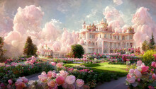 Victorian-style Royal Palace That Looks Like It Was From A Fairy Tale. Spectacular Fantasy Luxury And Majestic Palace With Beautiful Garden Of Blossoms Plants And Flower. Digital Art 3D Illustration.