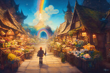 Fantasy City With Rainbow In Sky, Spectacular Digital Art 3D Illustration Medieval Fantasy Viking-style Flower Shops In Market. Street Market In A Fantasy Setting With A Warm Tone Like A Fairy Tale.