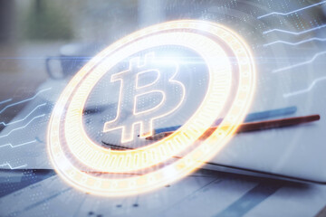 Poster - Double exposure of blockchain and crypto economy theme hologram and table with computer background. Concept of bitcoin cryptocurrency.
